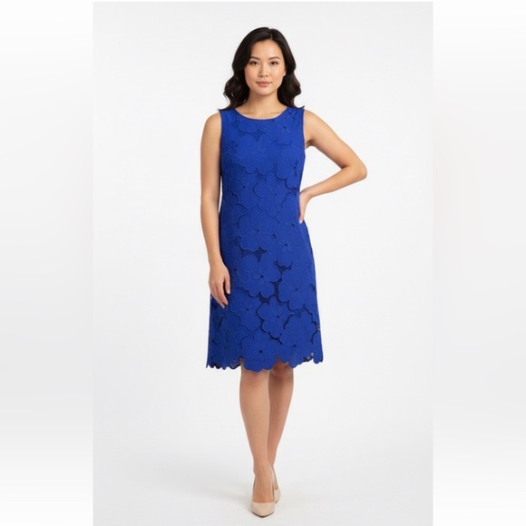 ANTONIO MELANI Dresses & Skirts - Antonio Melani Ghiaia Dress Blue Floral Lined Embroidered Overlay Midi Sheath 8